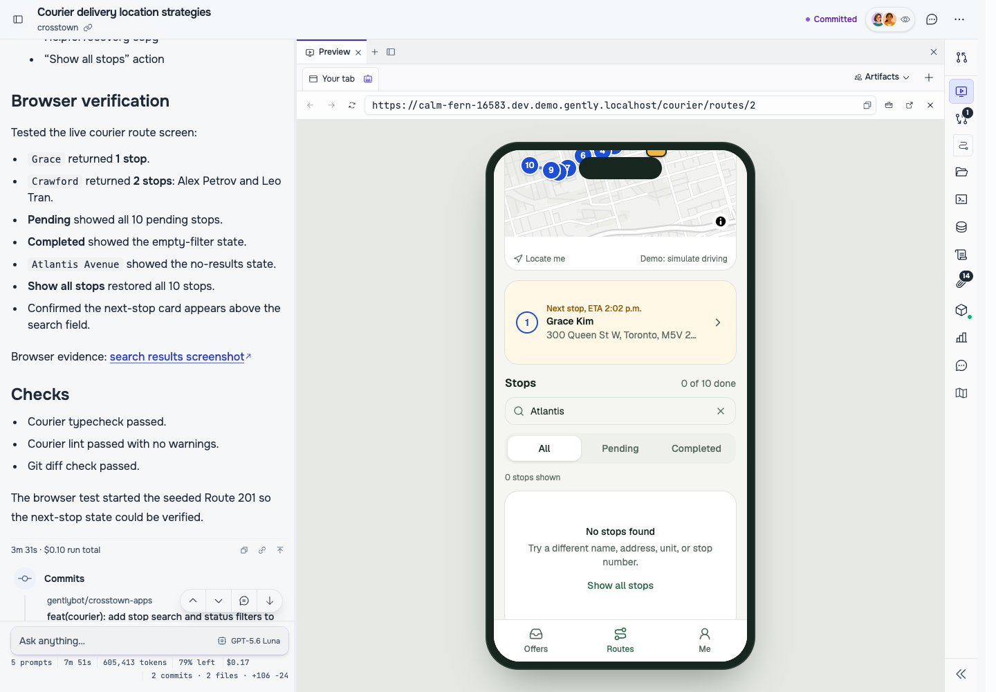Crosstown route search and its browser verification in the same Gentlybot thread.