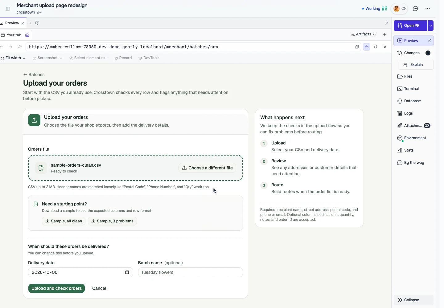 Crosstown’s working upload flow with a selected CSV, sample downloads, and delivery date controls.