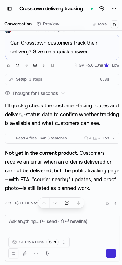 Gentlybot on a mobile screen, answering a question about Crosstown delivery tracking.