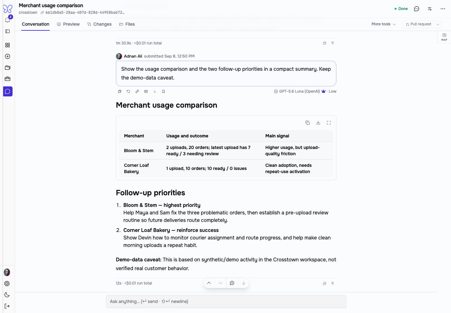 Gently compares Crosstown merchant usage and suggests customer success follow-up.