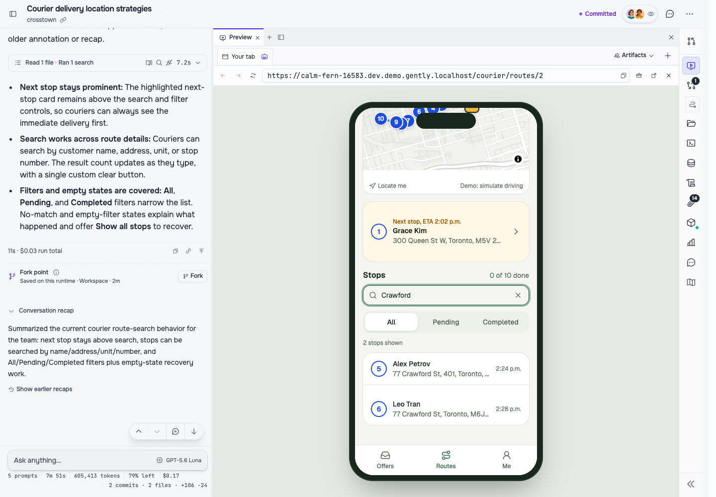The Crosstown courier route preview beside the Gentlybot thread that built delivery search and status filters.