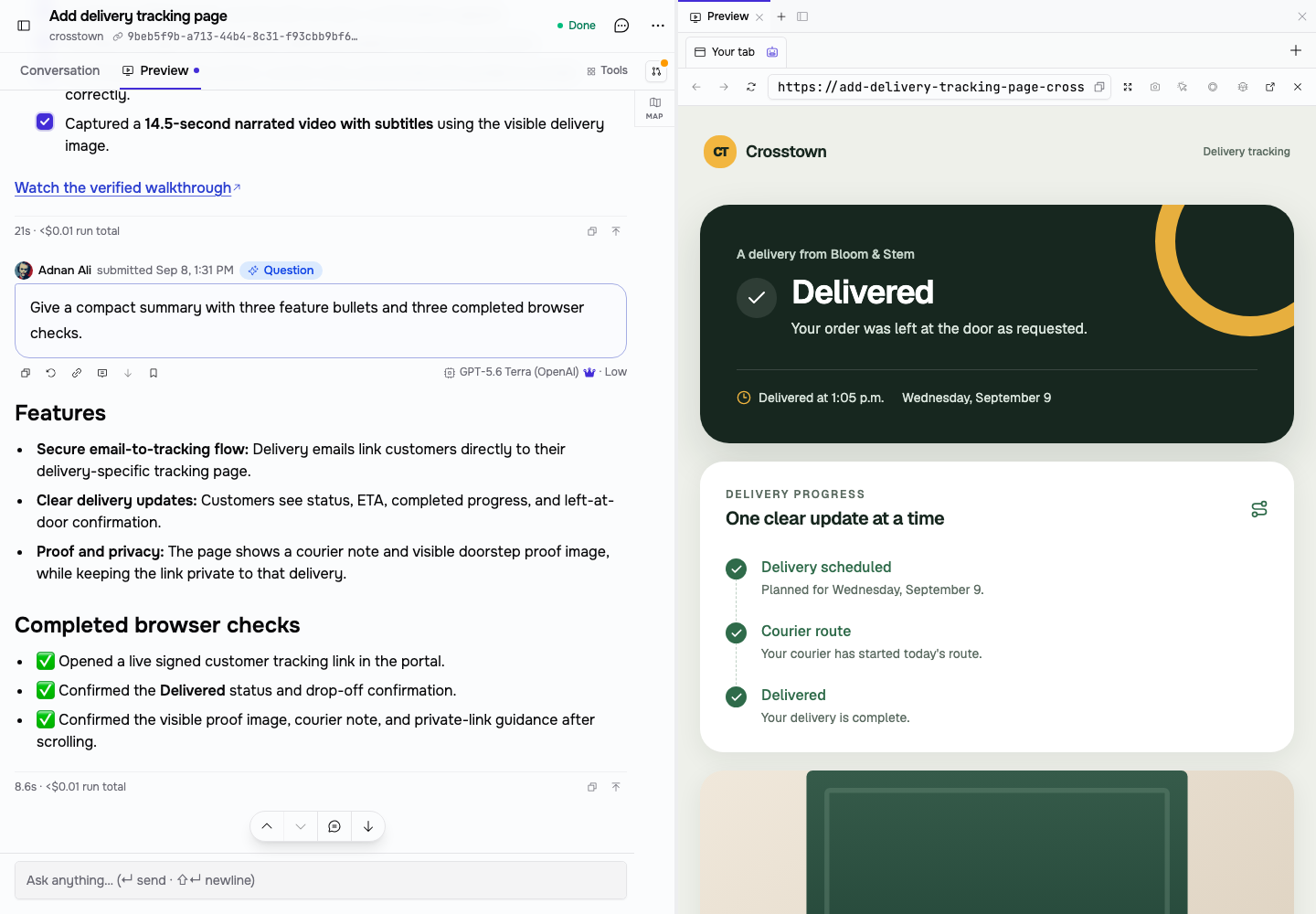Gently builds a customer tracking page for Crosstown with delivery status and proof photo.