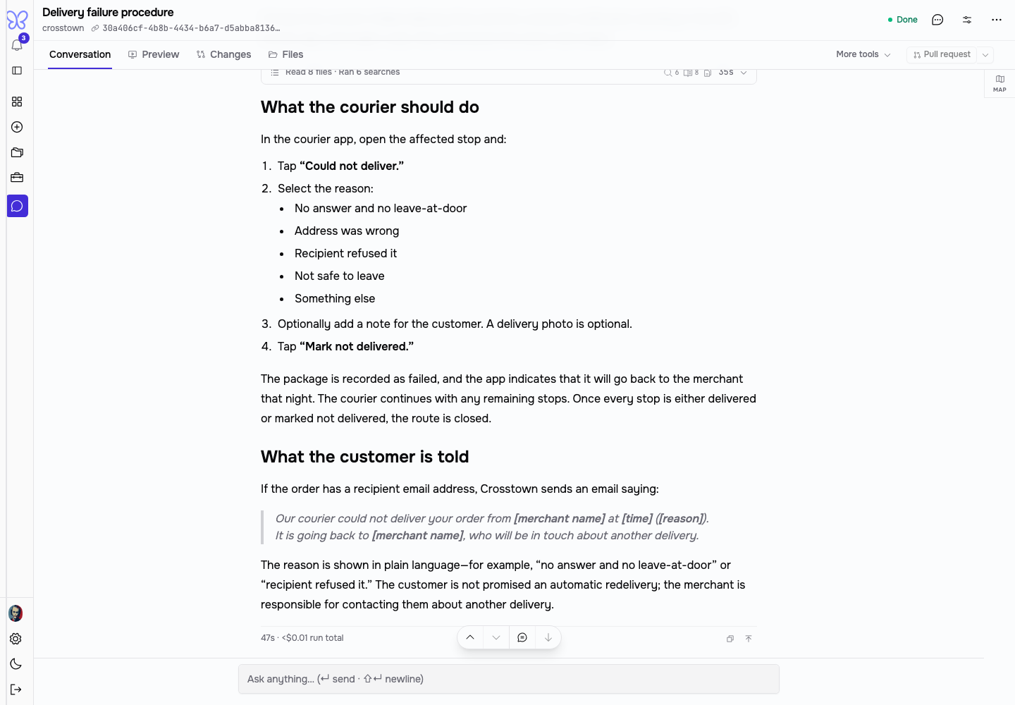 Gently explains Crosstown’s failed-delivery steps and customer notification.