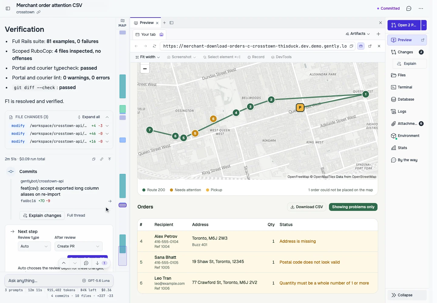 Passing export and merchant-access checks beside Crosstown’s Download CSV button and flagged orders.