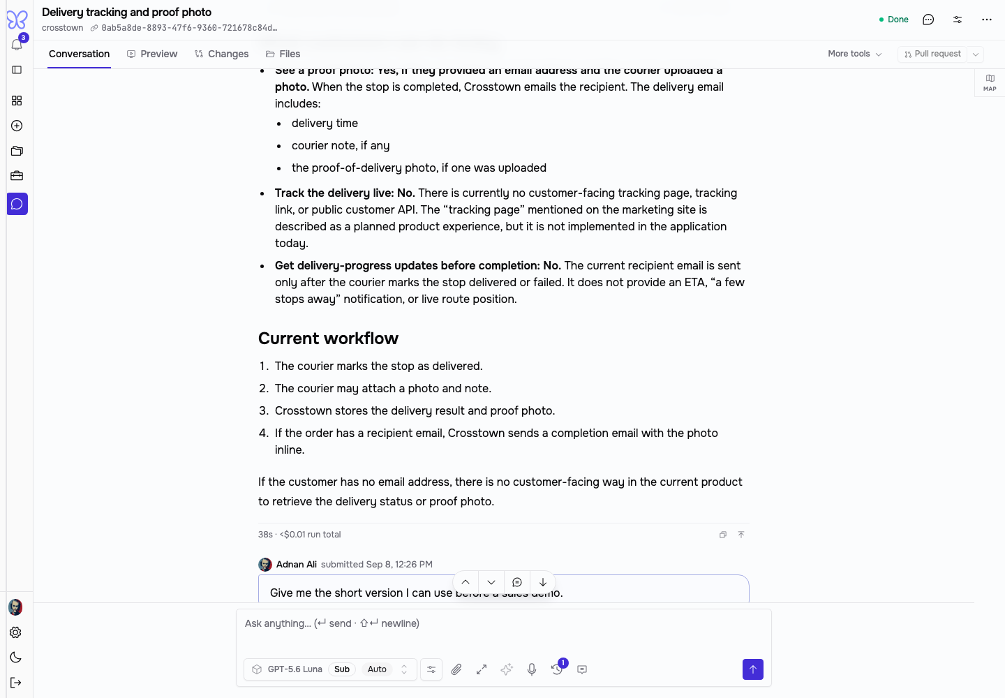 Gently checks whether Crosstown supports customer tracking and proof photos.