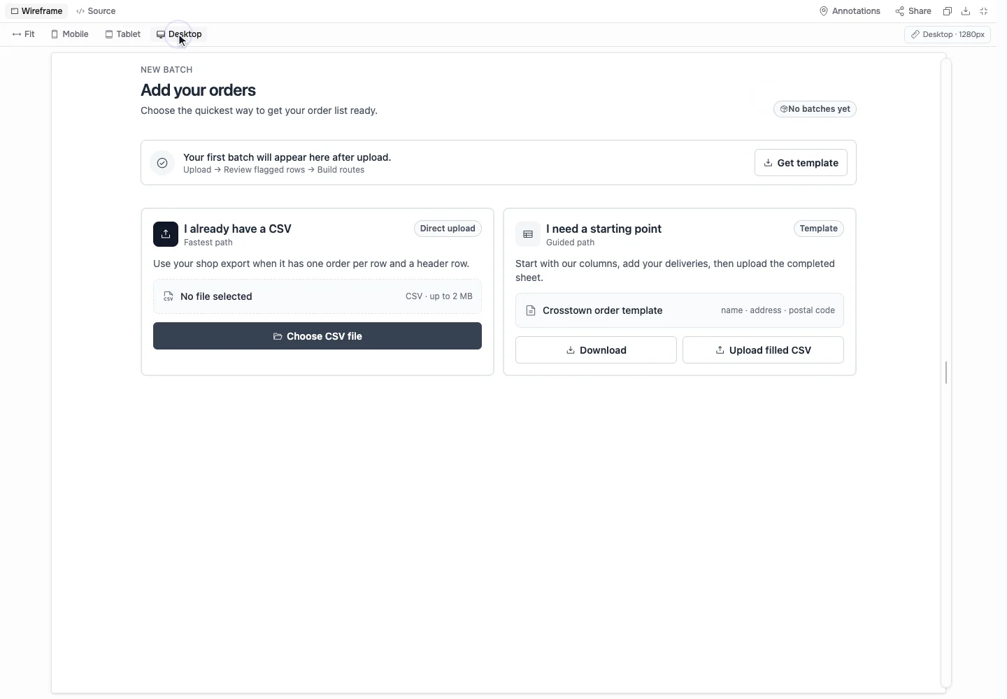 Two interactive merchant upload wireframes in Gentlybot.