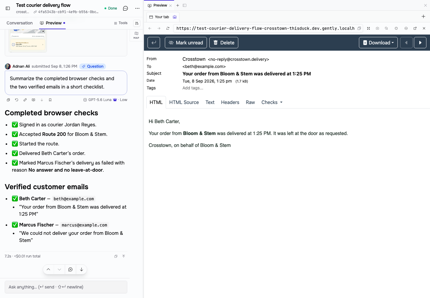 Gently tests Crosstown’s route acceptance, delivery outcomes, and customer emails.